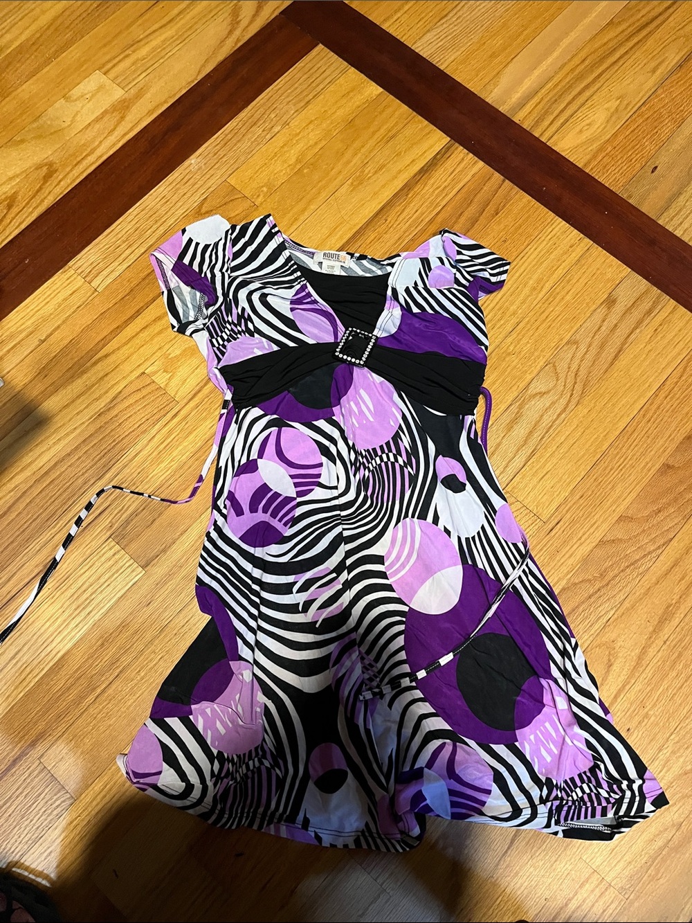 Girls Purple & Black Patterned Dress with Decorative Buckle